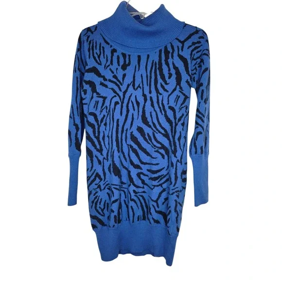 Red Animal Print Knit Turtleneck Sweater Dress Blue Black Casual Cozy - Picture 4 of 10